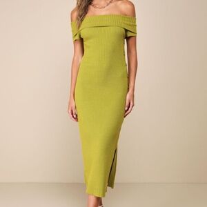 Lulus Heightened Aura Chartreuse Ribbed Off-the-shoulder Sweater Dress Green